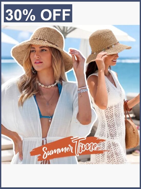 Foldable Straw Bucket Hat UPF 50+ UV Protection Women Beach Sun Hat Packable